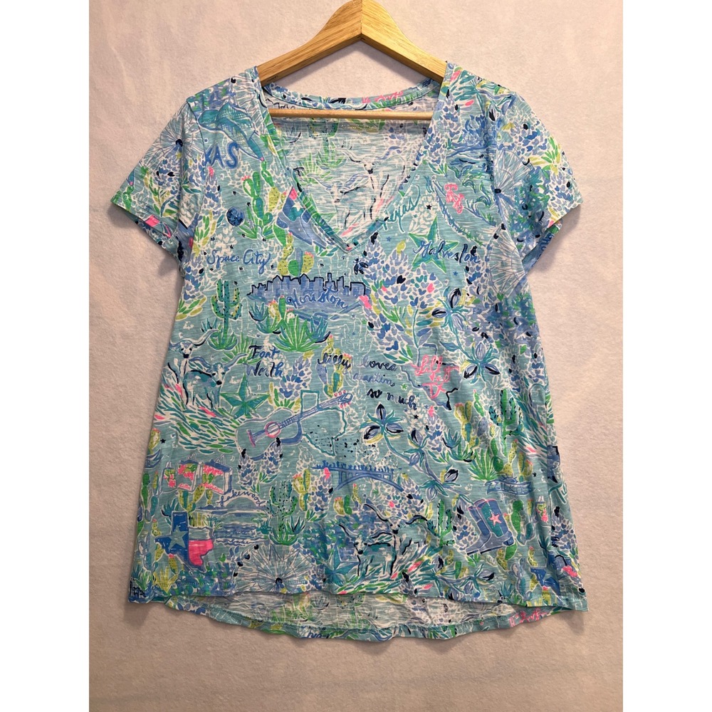 Lilly Pulitzer T‎ Shirt Texas Print V Neck Short Sleeve Tee Medium